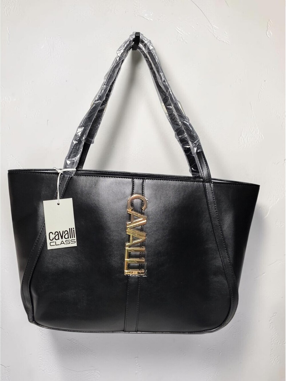 NWT Cavalli Class Black Leather Tote Bag